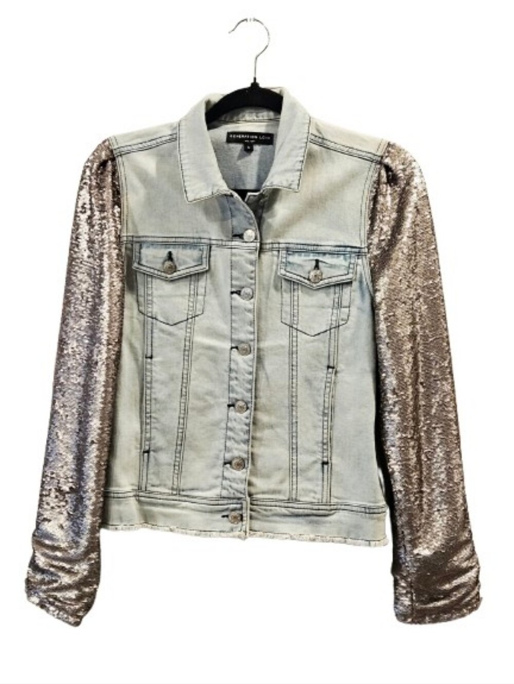 Authentic Generation Love Denim Jacket Sequin Sleeves Size Small Light Wash Glam
